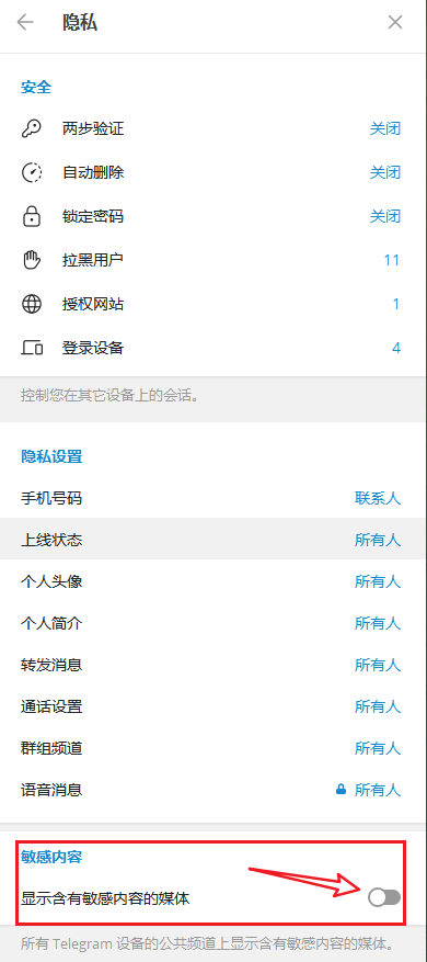如何打开TG纸飞机的敏感内容选项呢？